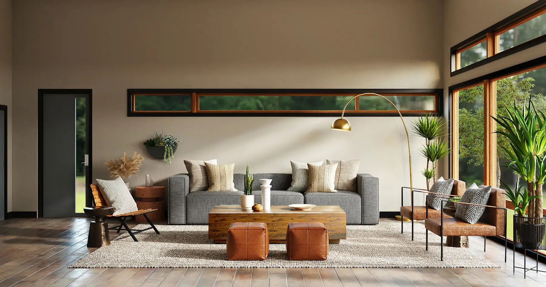 Inspiration image: open lounge with floor-to-ceiling windows, clerestory glazing, grey sofa, leather poufs and a reclaimed-timber coffee table