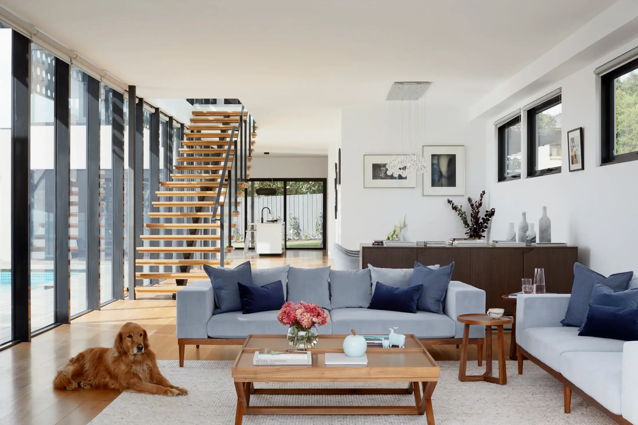 Bright open-plan living room with a floating timber staircase, tall windows, a grey sofa and warm natural light