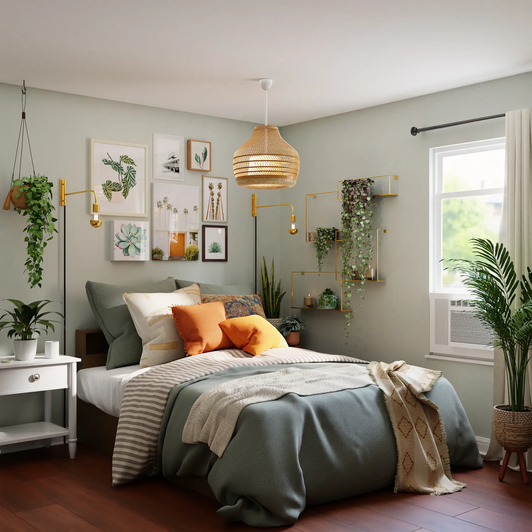 Inspiration image: sage-green bedroom with a rattan pendant light, gallery wall, brass wall lamps and trailing plants