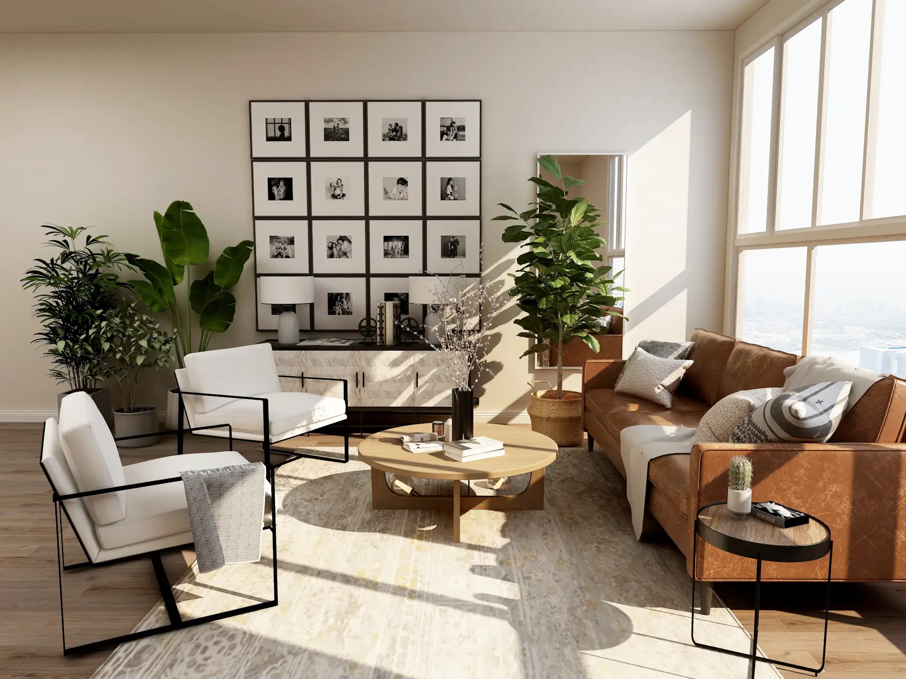 Inspiration image: sunlit contemporary living room with a leather sofa, white lounge chairs, round timber coffee table, gallery wall and indoor plants