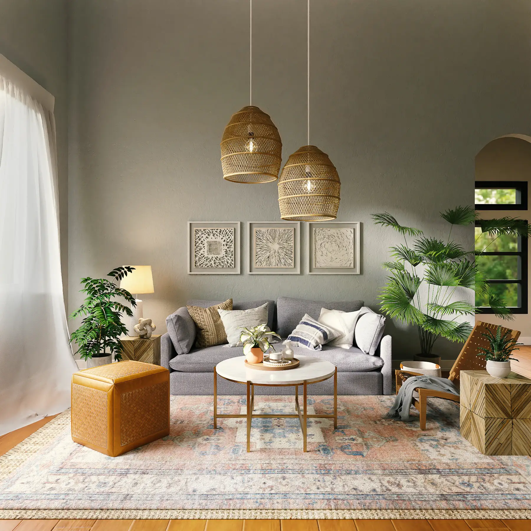 Inspiration image: boho living room with rattan pendant lights, sage walls, framed textile art, a patterned rug and tropical plants